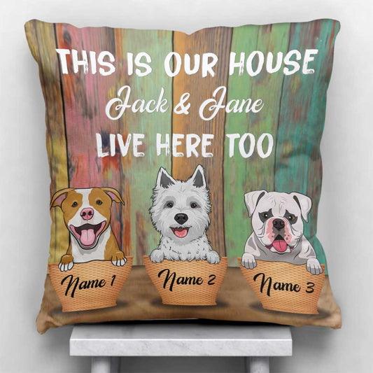 Coussin décoratif personnalisé pour chien « Voici notre maison »