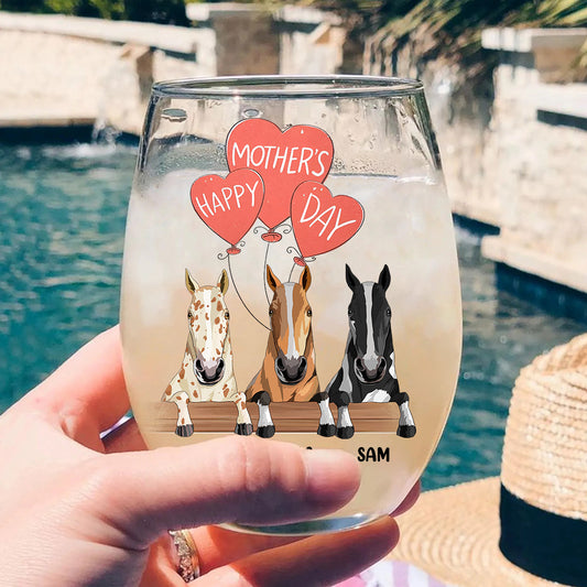 Je t'aime maman - Verre à vin personnalisé pour la fête des mères, motif cheval.