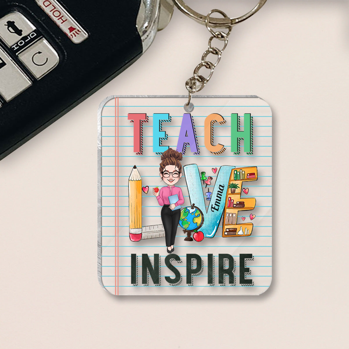 Enseigner, aimer, inspirer - Porte-clés transparent personnalisé pour enseignants