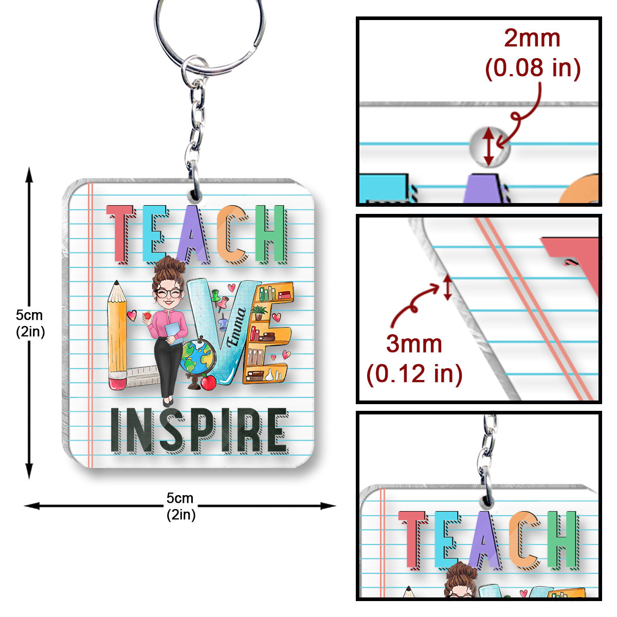 Enseigner, aimer, inspirer - Porte-clés transparent personnalisé pour enseignants