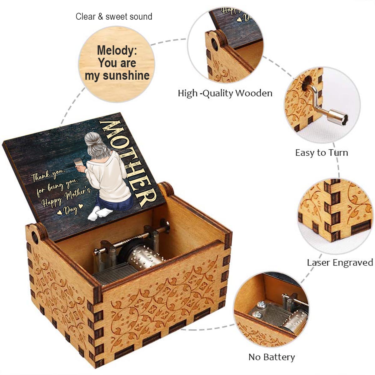 Merci d'être toi - Boîte à musique à manivelle personnalisée pour la fête des mères