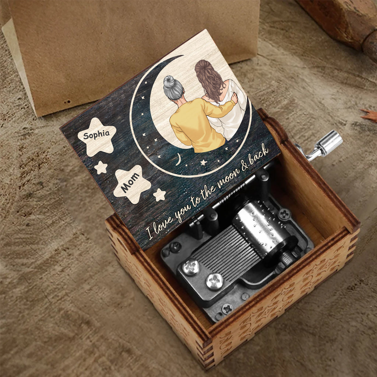 Je t'aime - Cadeau pour maman, fille, fils, petite-fille, petit-fils, grand-mère - Boîte à musique à manivelle personnalisée