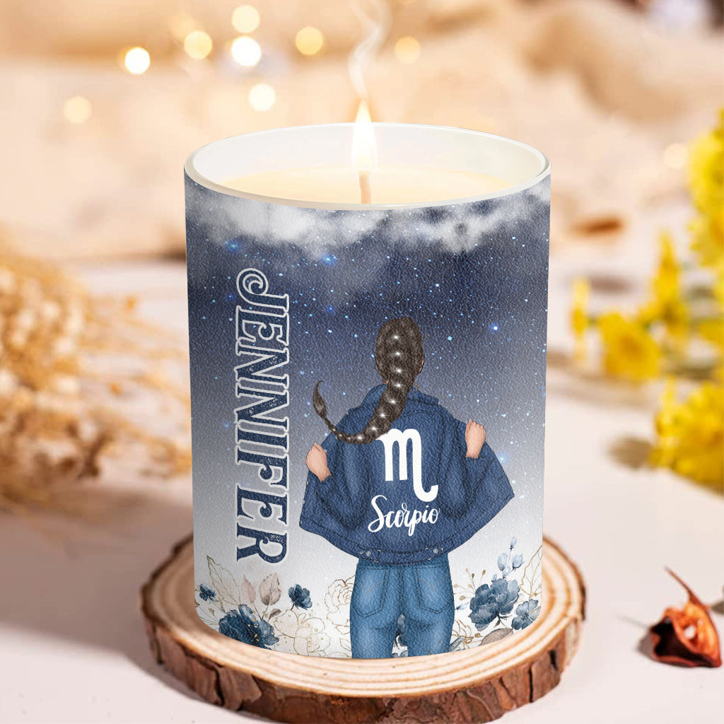 Bougie horoscope personnalisée à motif floral et au couvercle en bois
