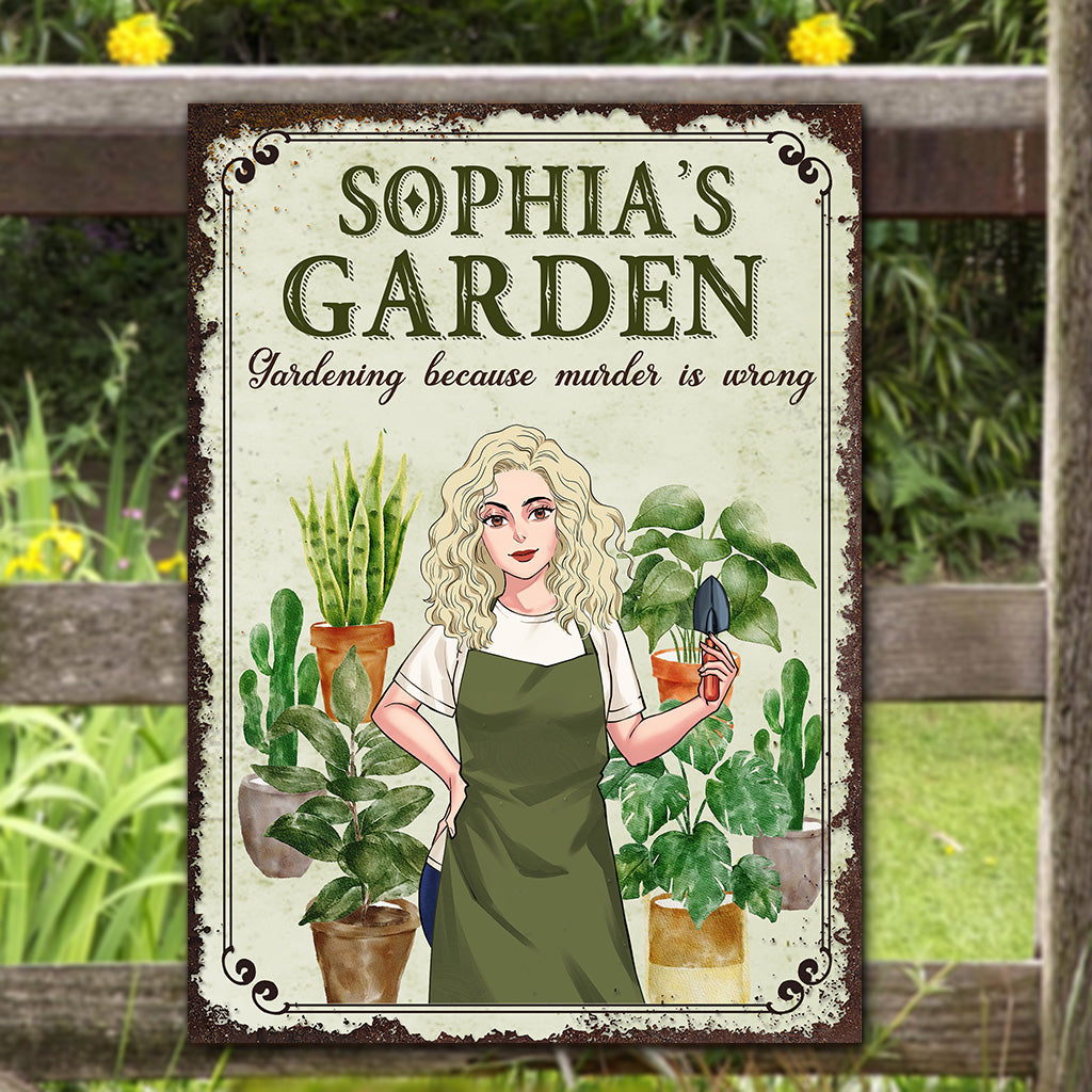 Jardiner parce que le meurtre est mal - Panneau métallique rectangulaire personnalisé sur le thème du jardinage