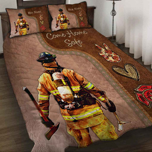 Come Home Safe - Personalized Firefighter Quilt Set With Leather Pattern Print