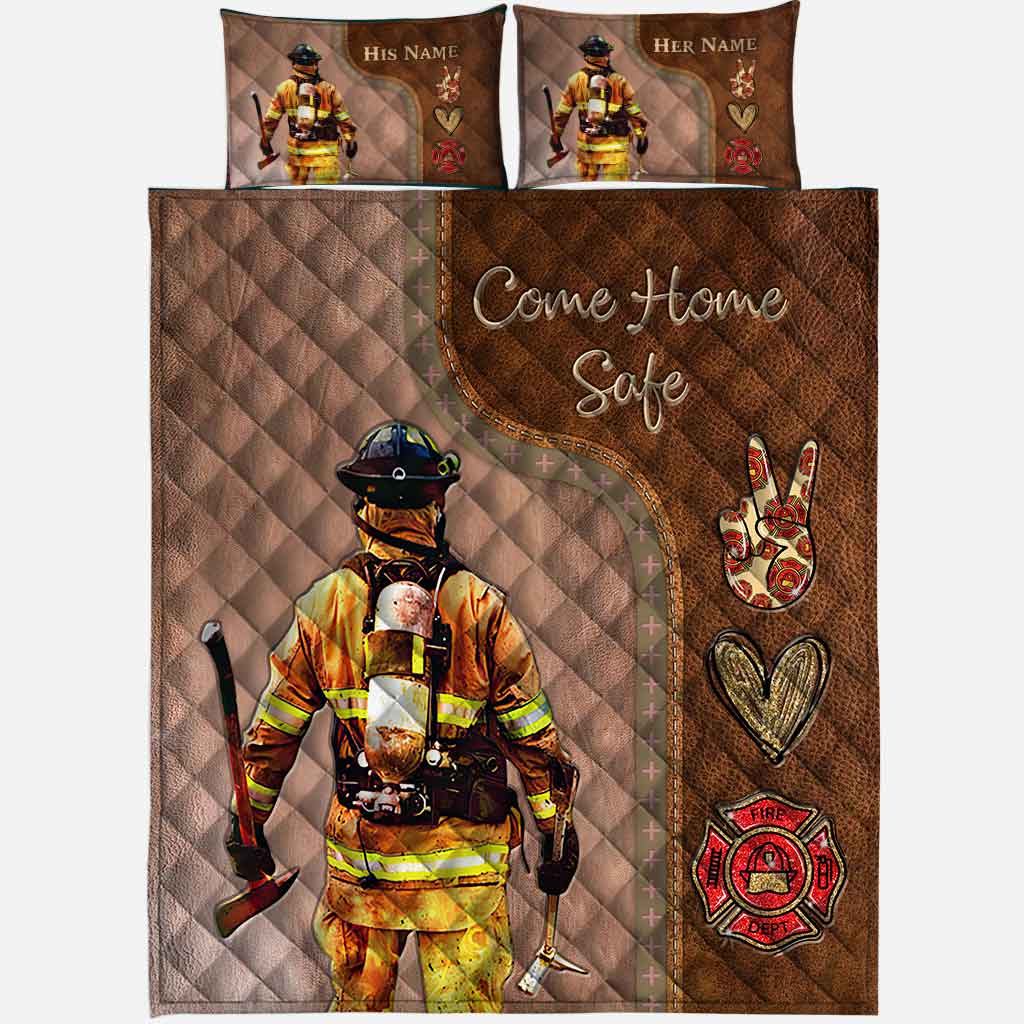 Come Home Safe - Personalized Firefighter Quilt Set With Leather Pattern Print
