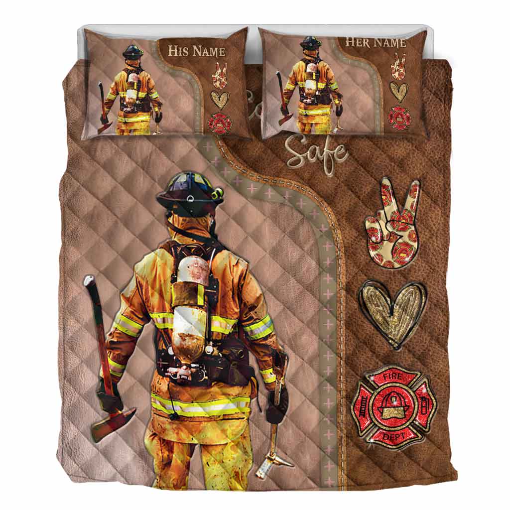 Come Home Safe - Personalized Firefighter Quilt Set With Leather Pattern Print