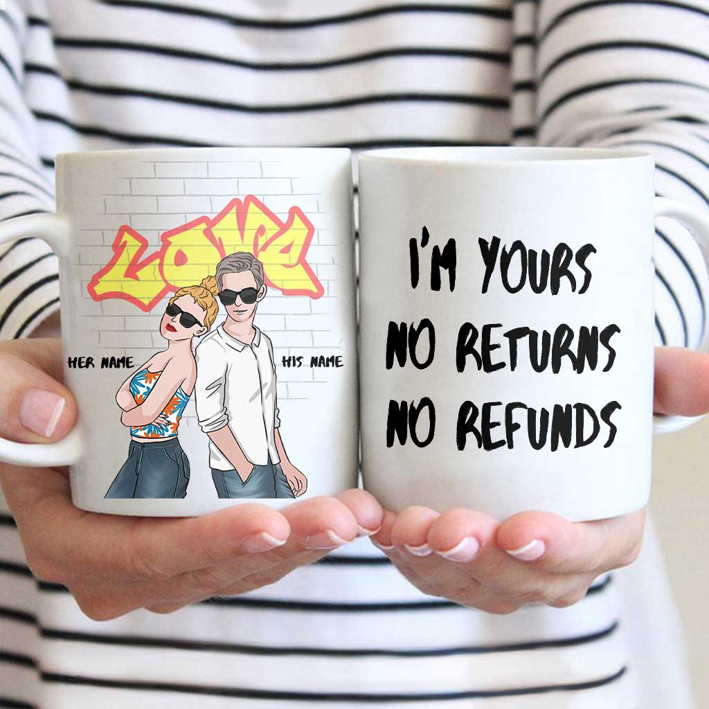 Je suis à toi. Ni retour ni remboursement. Mug personnalisé pour couple.