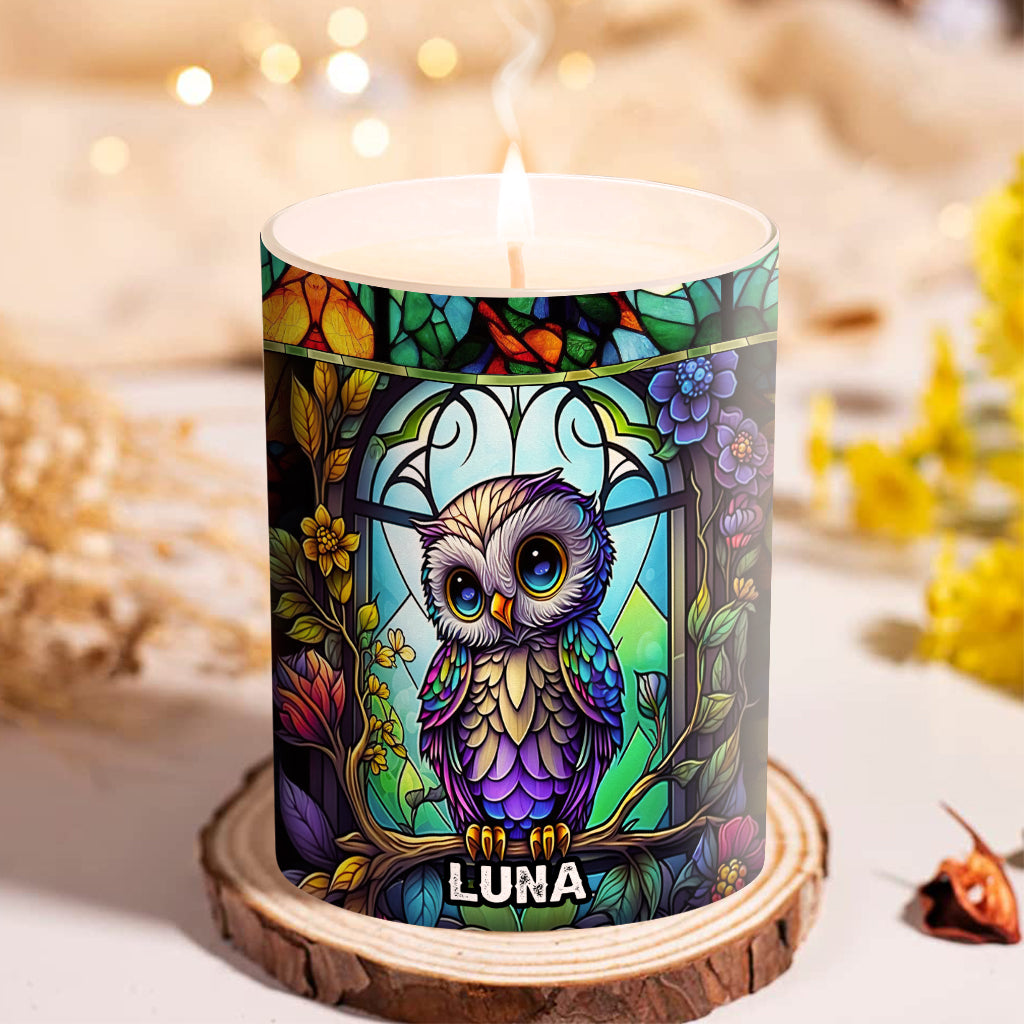 Bougie hibou personnalisée avec couvercle en bois - Chouette colorée