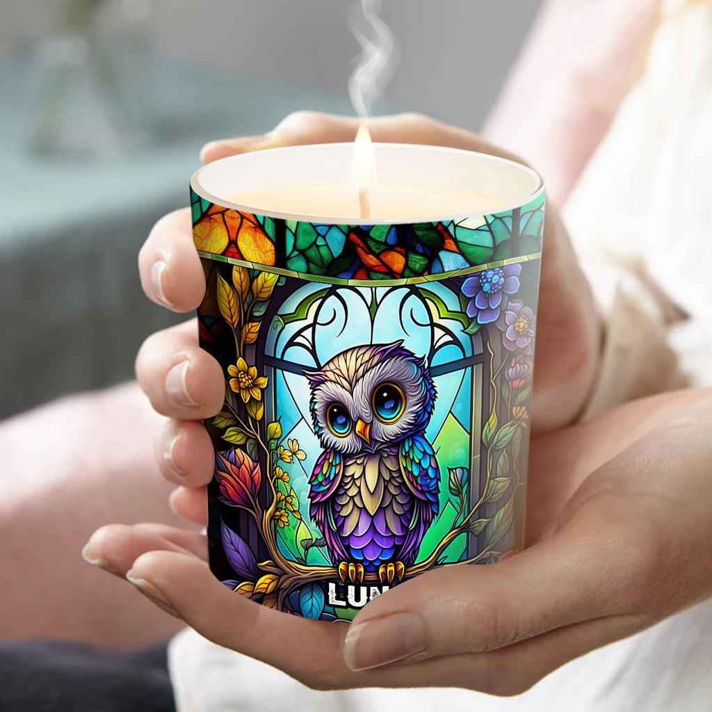 Bougie hibou personnalisée avec couvercle en bois - Chouette colorée