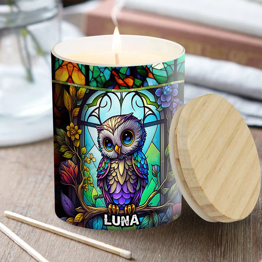 Bougie hibou personnalisée avec couvercle en bois - Chouette colorée