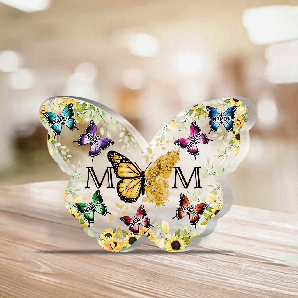Plaque acrylique personnalisée « Papillons et fleurs pour maman et enfants » - Cadeau personnalisé pour maman