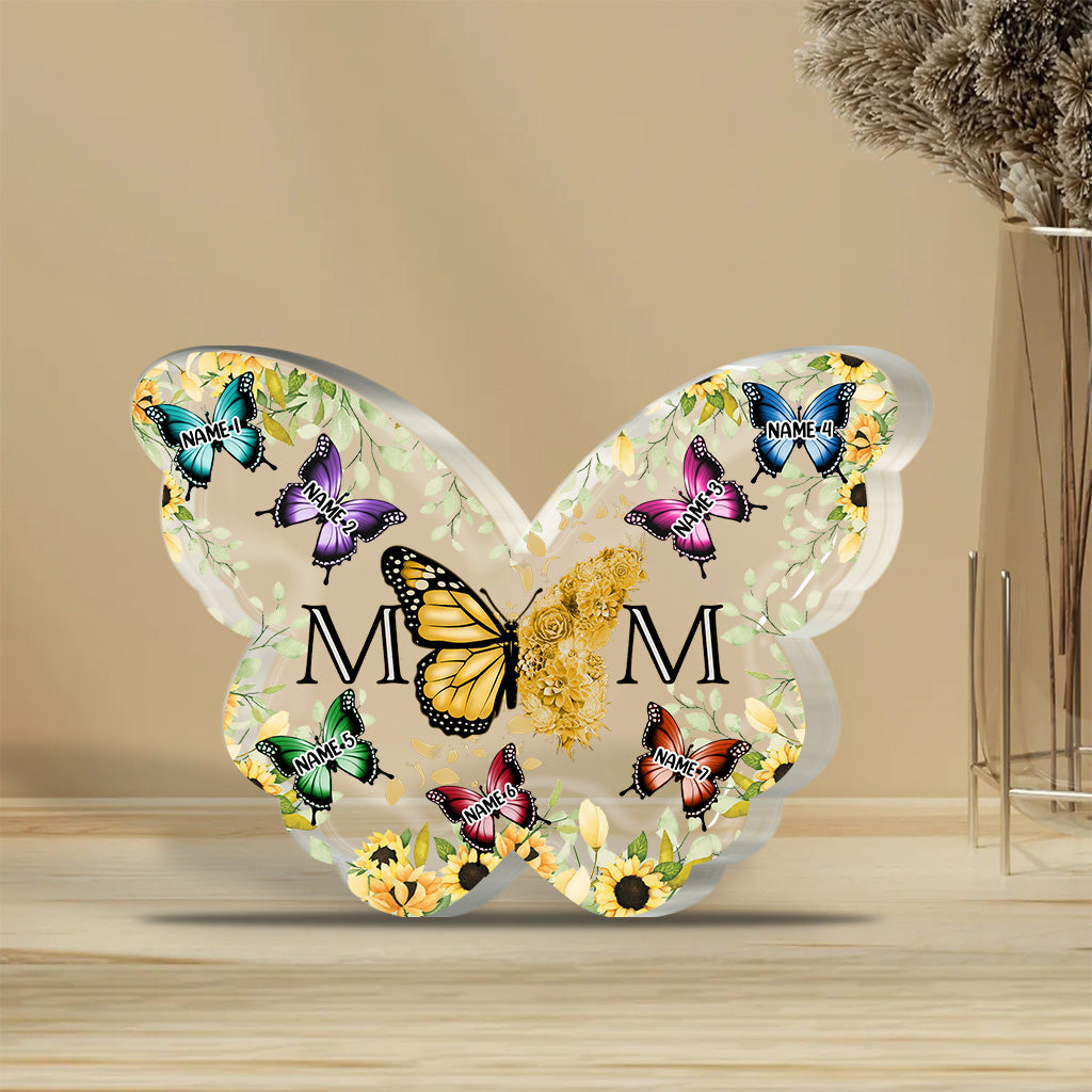 Plaque acrylique personnalisée « Papillons et fleurs pour maman et enfants » - Cadeau personnalisé pour maman
