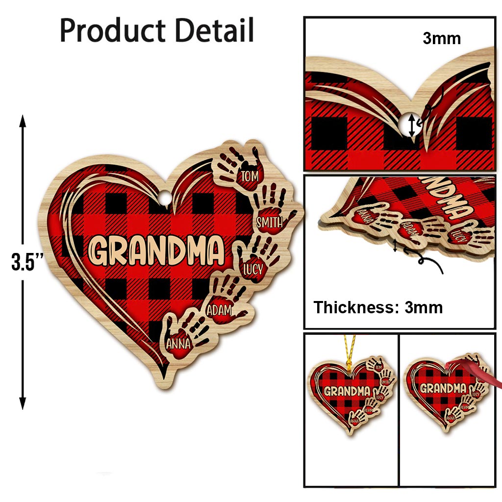 Grandma Mom Heart Hand Print - Personalized Christmas Grandma Ornament (Printed On Both Sides)
