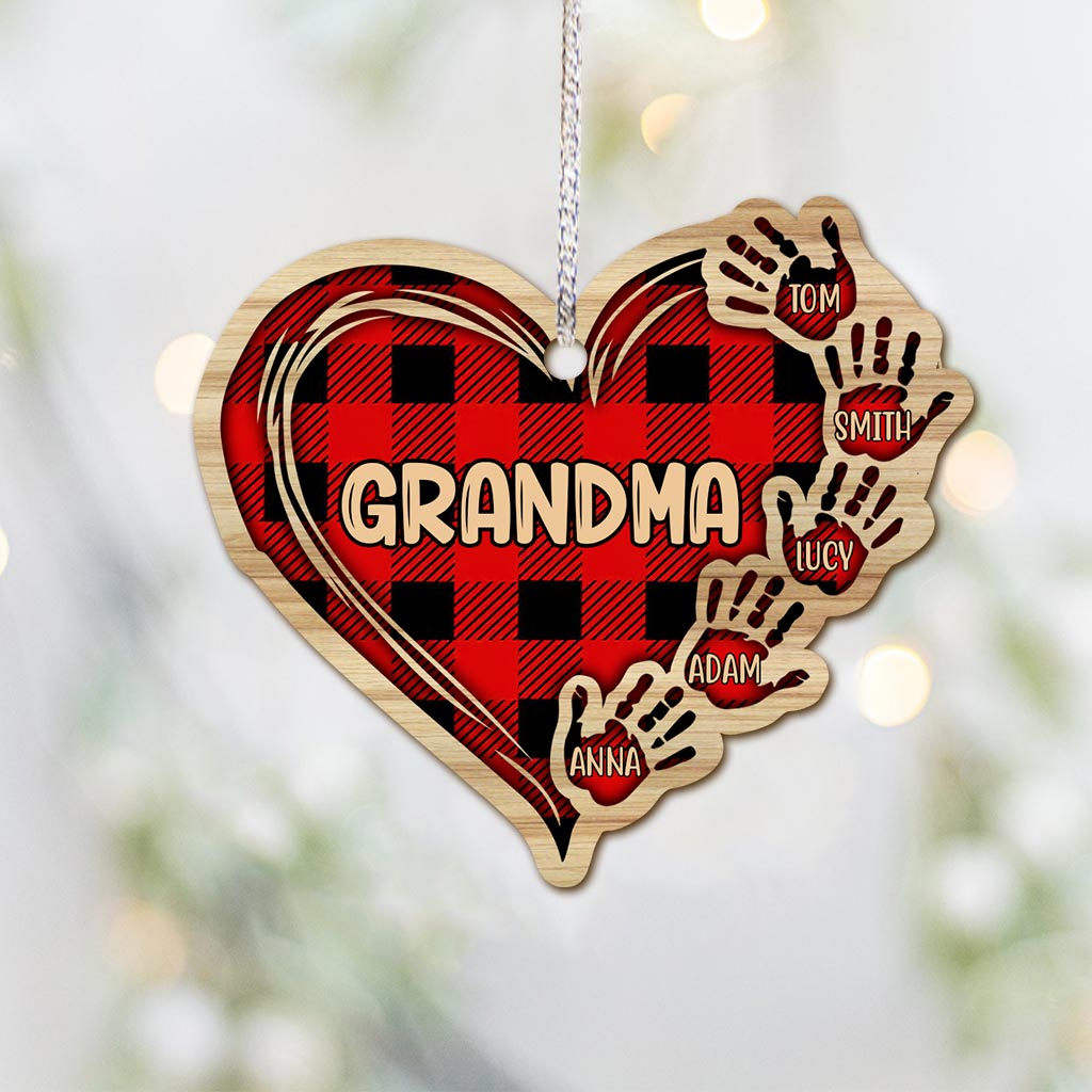 Grandma Mom Heart Hand Print - Personalized Christmas Grandma Ornament (Printed On Both Sides)