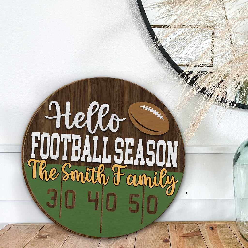 Bonjour la saison de football ! - Panneau/plaque en bois personnalisé(e) à 2 couches sur le thème du football