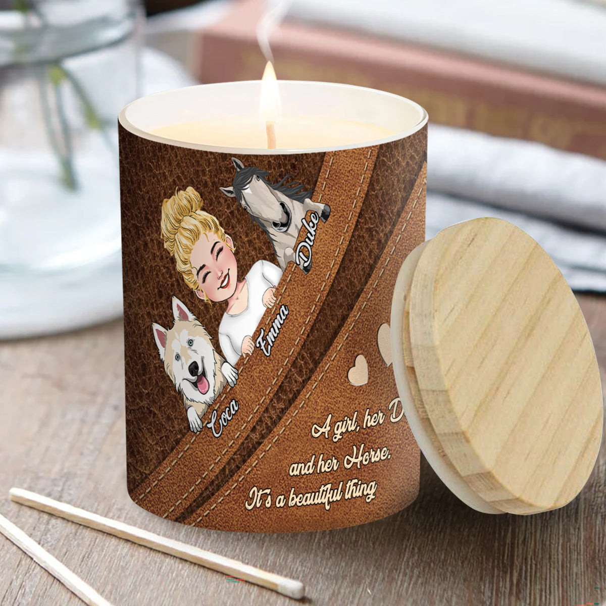 Quelle belle chose ! Bougie personnalisée en forme de cheval avec couvercle en bois