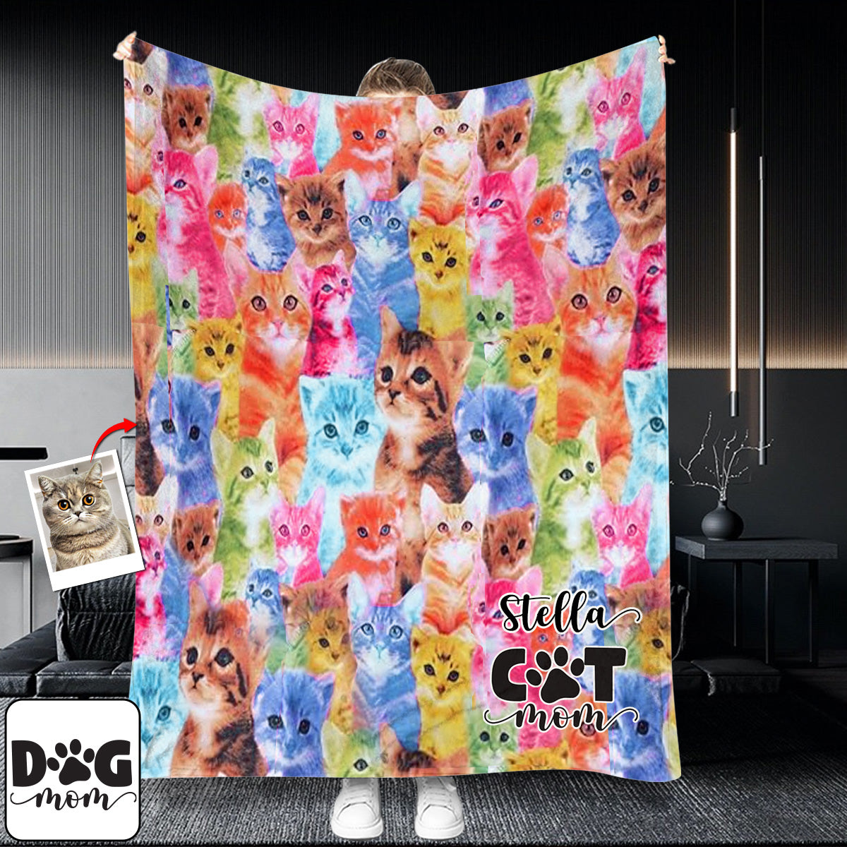 Photo Insert Transferring Into Colorful Style - Personalized Cat Blanket