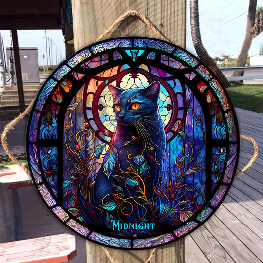 Chat noir - Panneau rond en bois personnalisé Chat noir