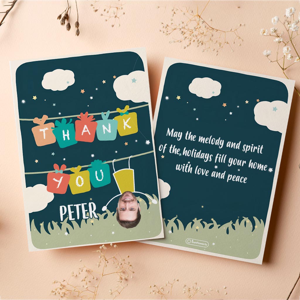 Merci / Je t'aime - Photo du pendu - Carte de vœux personnalisée