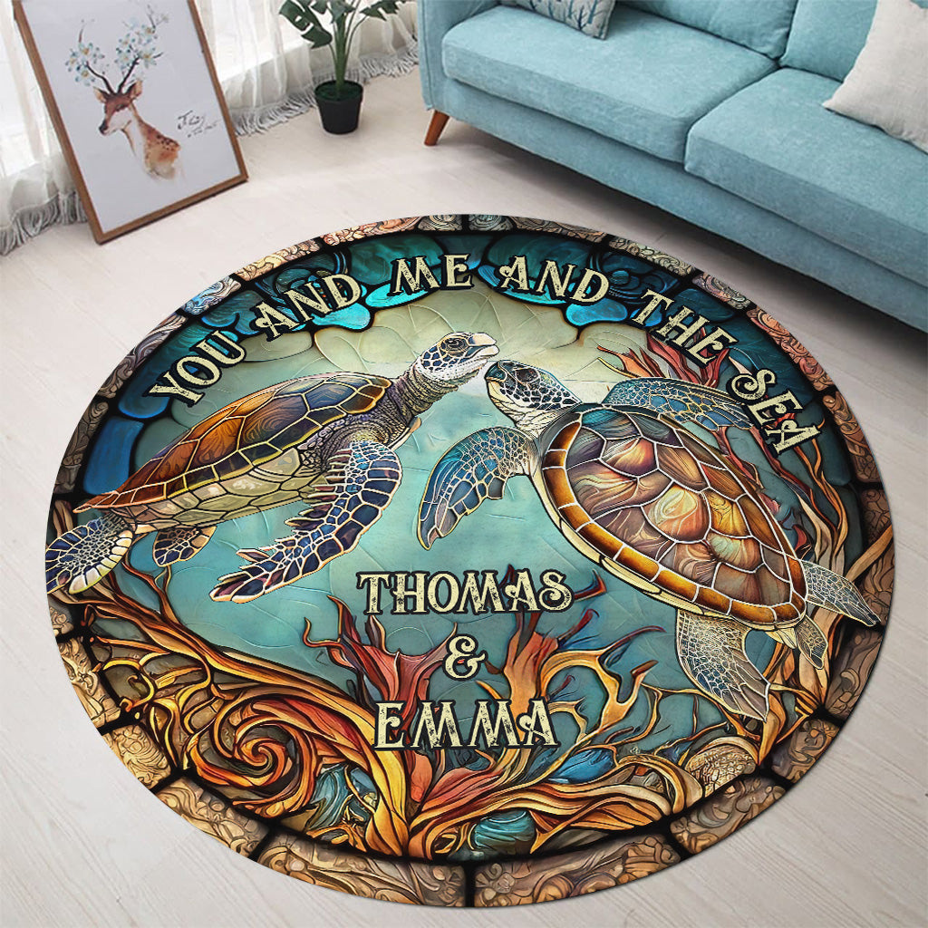 Colorful Turtle Couple - Personalized Turtle Round Rug
