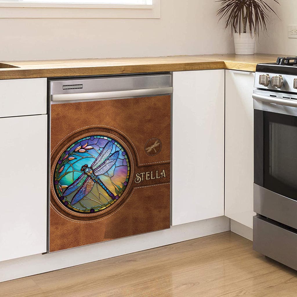 Couvercle de lave-vaisselle personnalisé Libellule en vitrail -