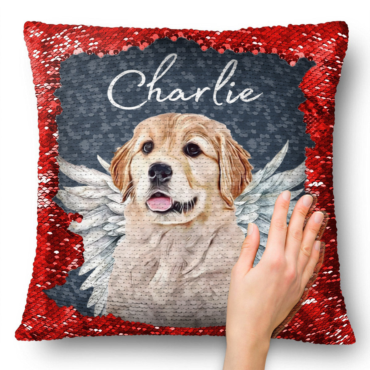 Dog Cat Angel Wings - Gift for dog lovers, cat lover, who lost dog, who lost cat - Personalized Sequin Pillow Cover