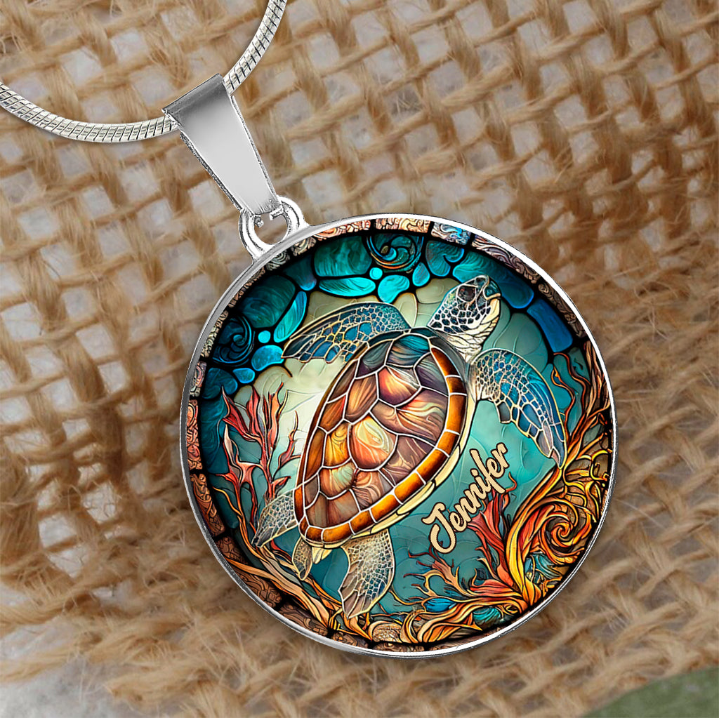 J'adore les tortues - Collier pendentif rond personnalisé en forme de tortue