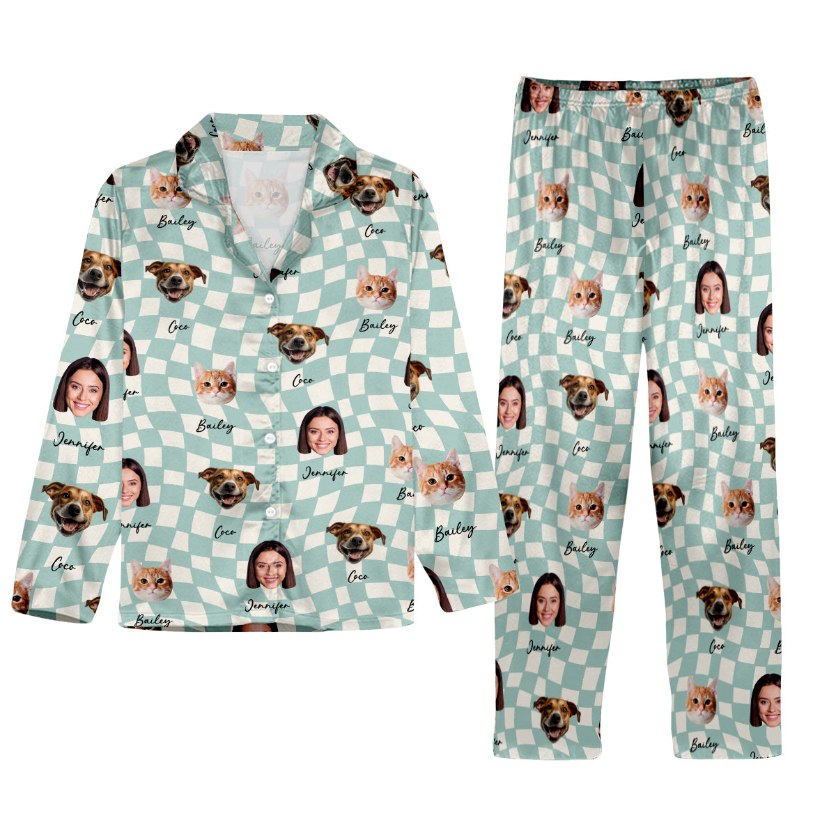 Pyjama à boutons personnalisé pour chat, motif à carreaux, avec photo au choix parmi de nombreuses couleurs de fond