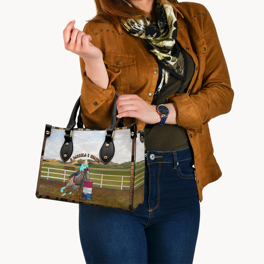 Sac à main personnalisé en cuir de cheval « 3 Barils, 2 Cœurs, 1 Rêve »