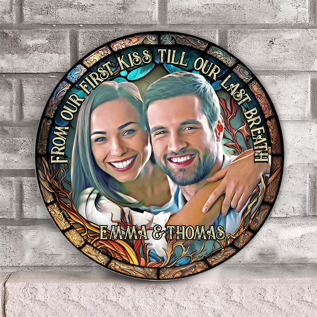 Photo Inserted Couple - Personalized Couple Round Wood Sign