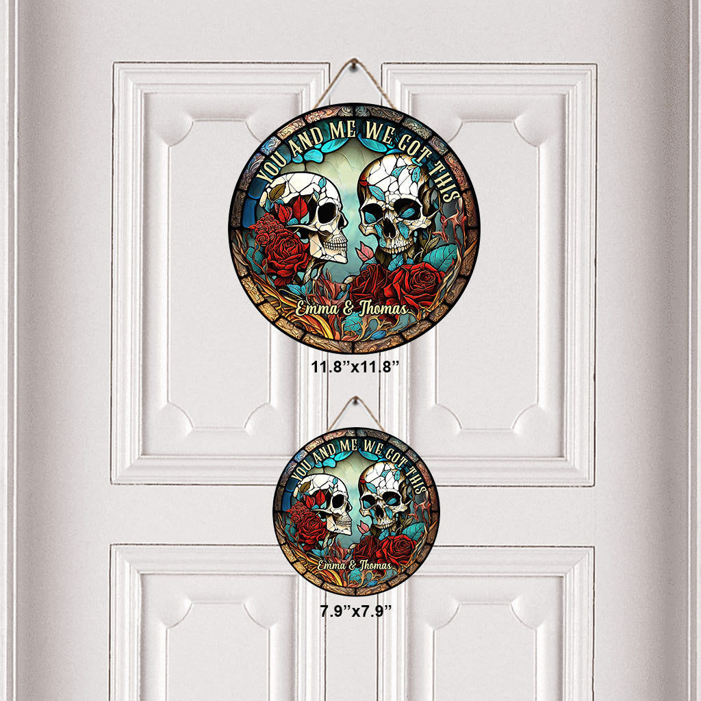 Couple de crânes - Panneau rond en bois personnalisé en forme de crâne