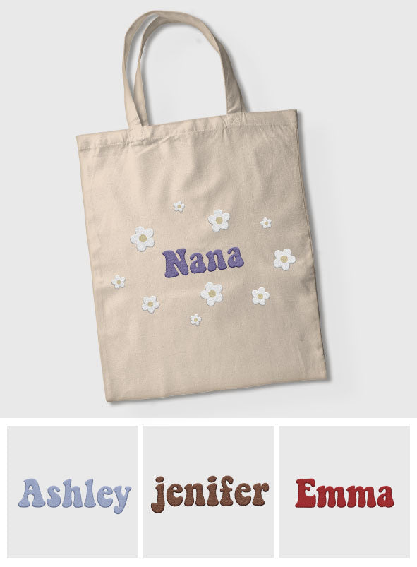 Sac fourre-tout brodé personnalisé avec nom et fleur - Nom de grand-mère - Sac fourre-tout brodé personnalisé