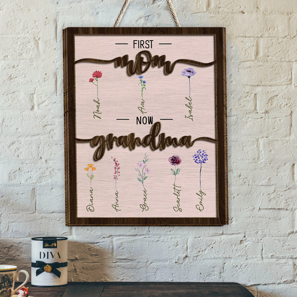 Première maman, maintenant grand-mère - Plaque en bois personnalisée à deux niveaux « Grand-mère »