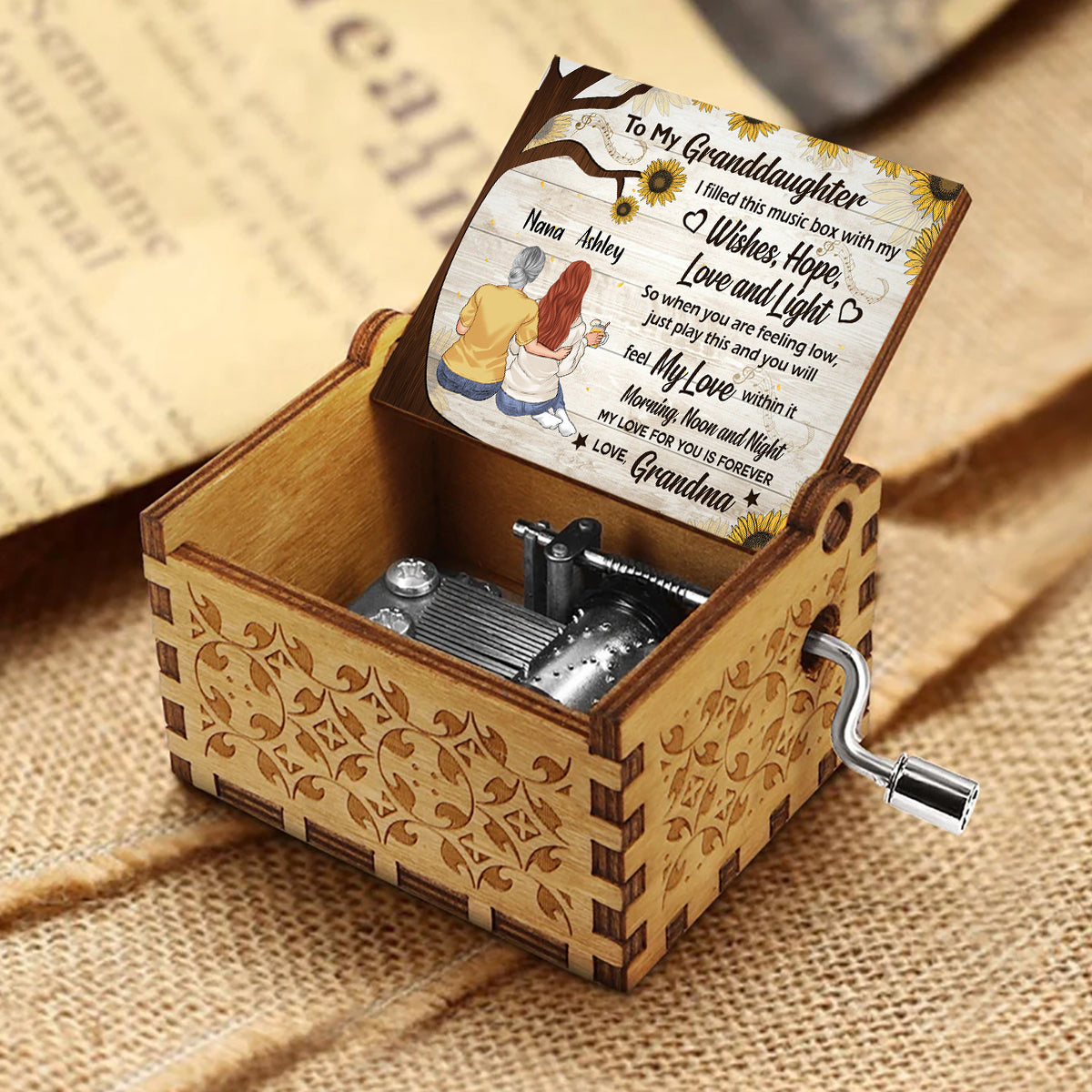 À ma petite-fille - Cadeau pour grand-mère, maman, fille, petite-fille - Boîte à musique à manivelle personnalisée