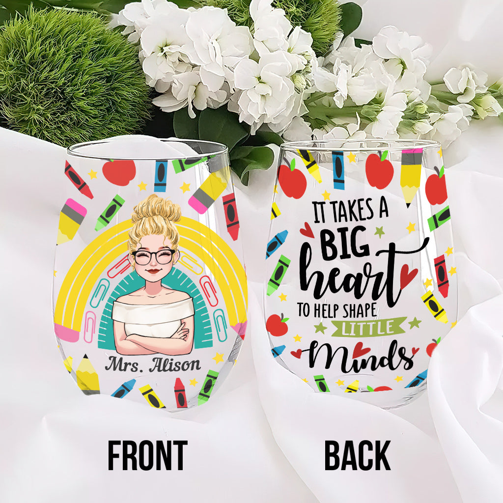 It Takes A Big Heart - Personalized Teacher All Over Wine Glass