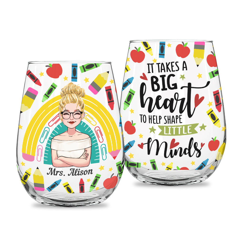 It Takes A Big Heart - Personalized Teacher All Over Wine Glass