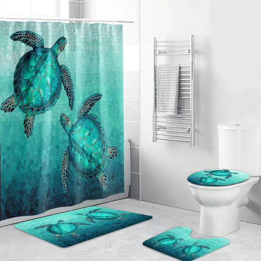 Ensemble rideau et tapis de bain Tortue nageant dans l'eau