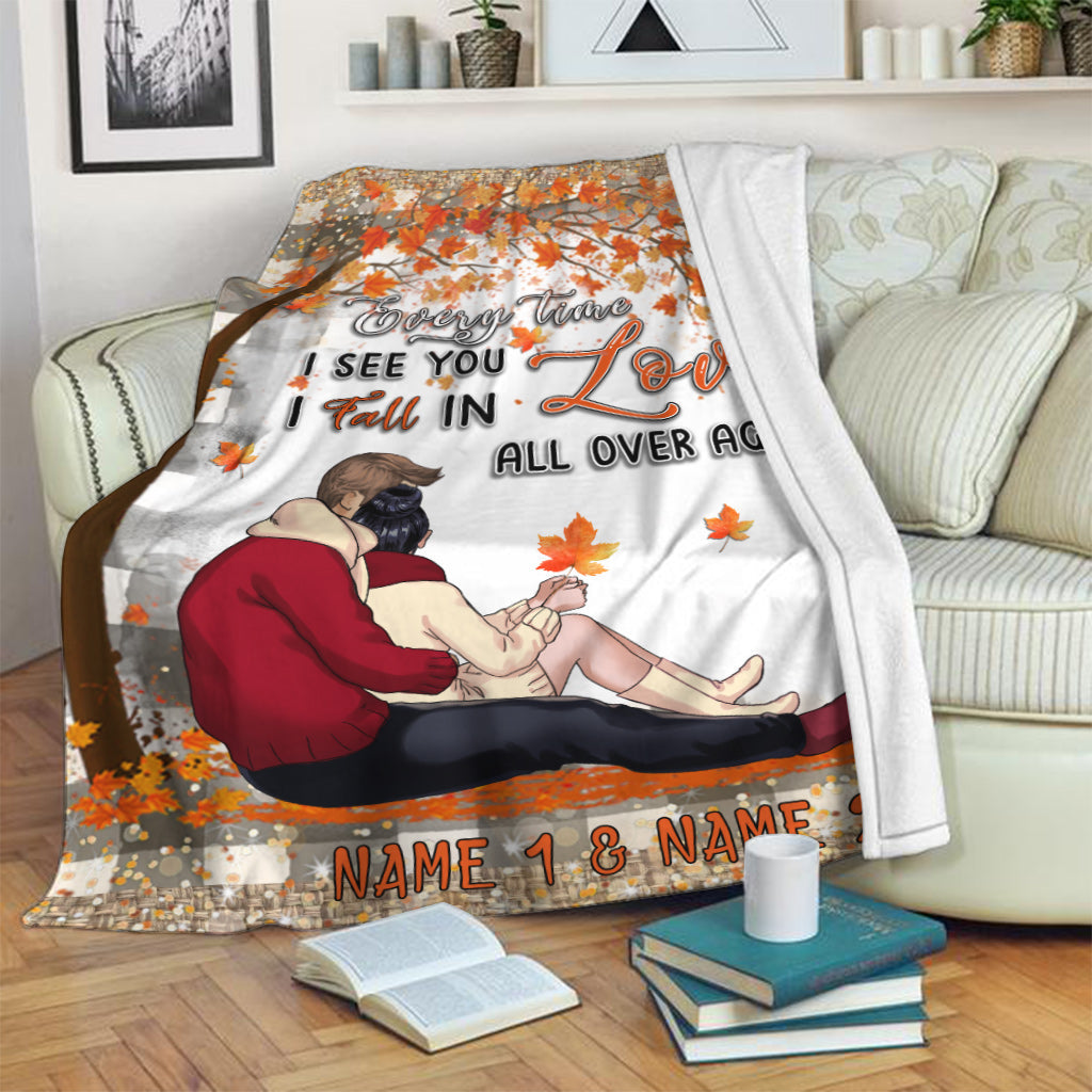 I Fall In Love All Over Again - Personalized Fall Couple Blanket