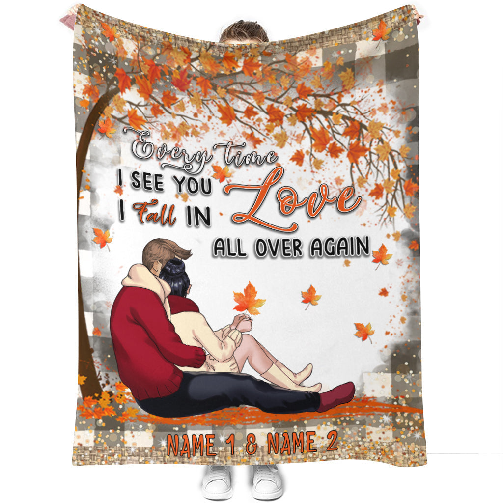 I Fall In Love All Over Again - Personalized Fall Couple Blanket