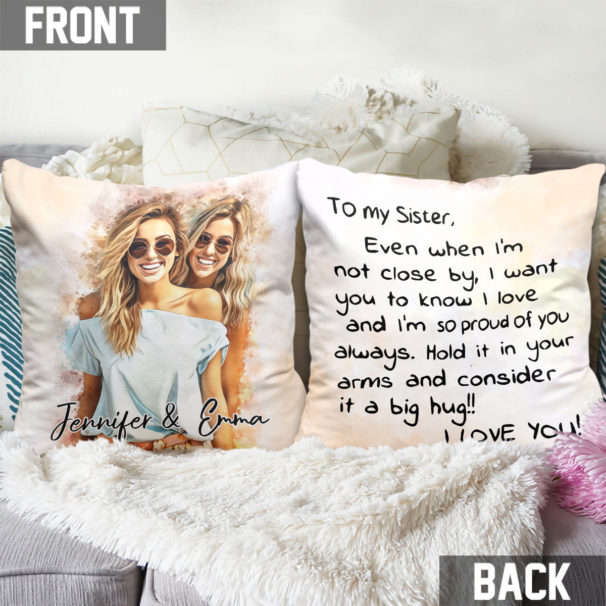 Big Hug - Personalized Sibling Throw Pillow