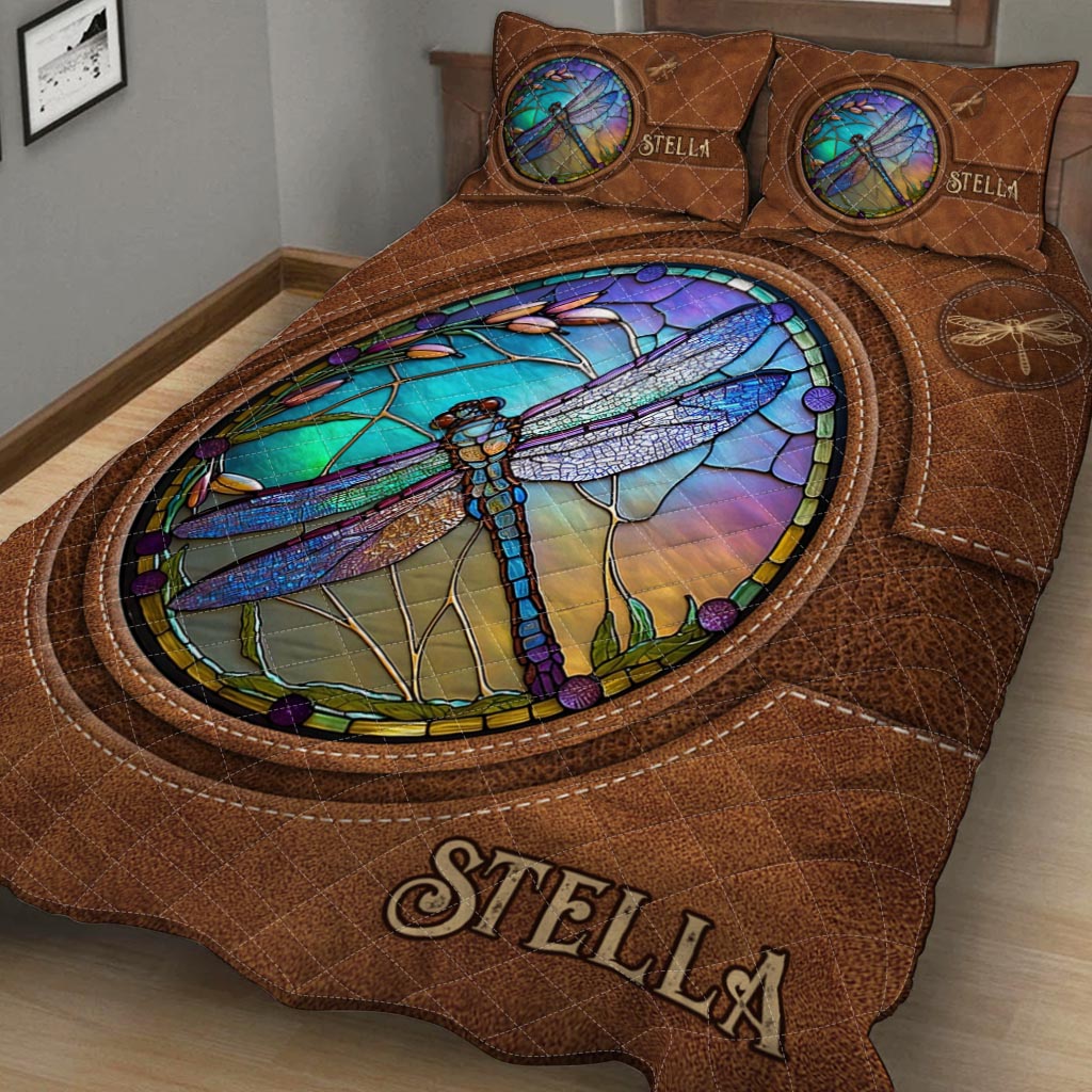 Libellule en vitrail - Ensemble de courtepointe personnalisé Libellule