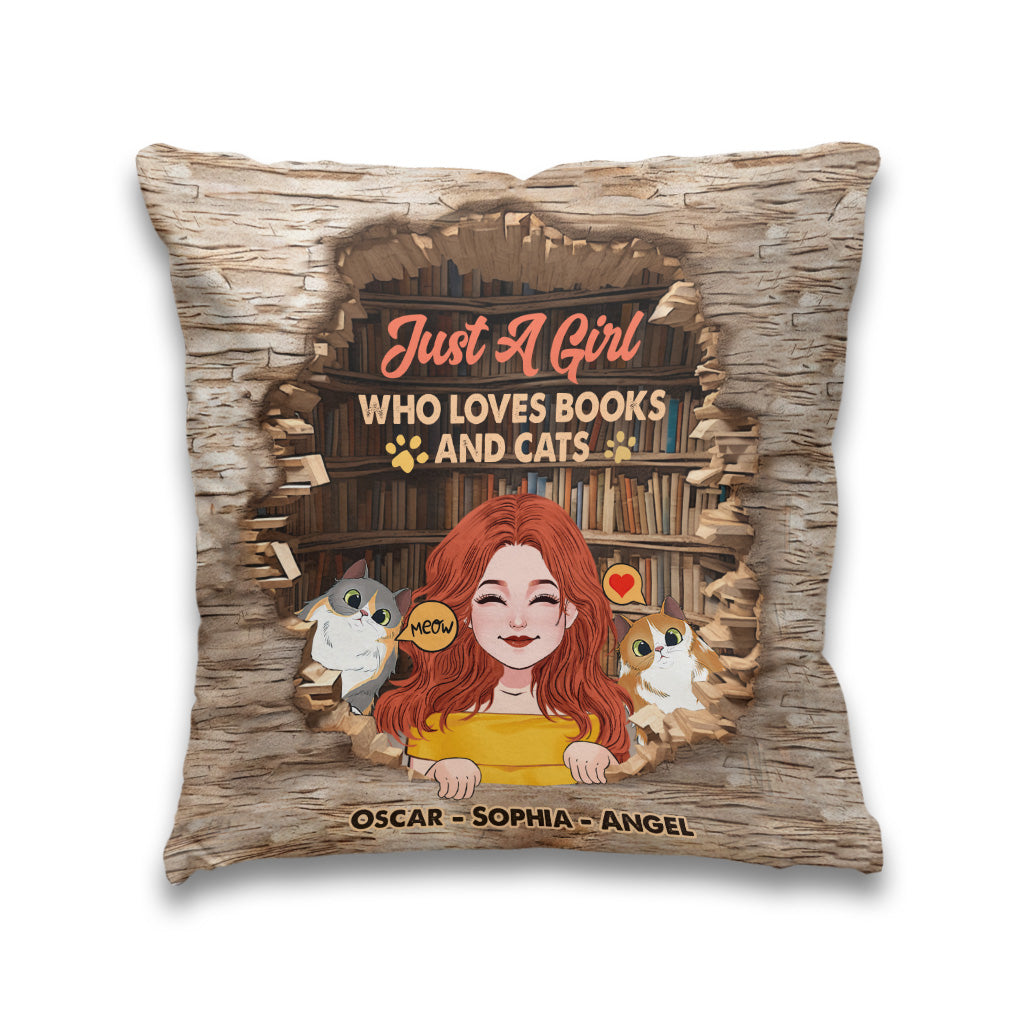 Coussin décoratif personnalisé « J’aime les livres et les chats »