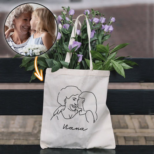 Sac fourre-tout brodé personnalisé avec photo au trait - Sac fourre-tout brodé personnalisé « Grand-mère »