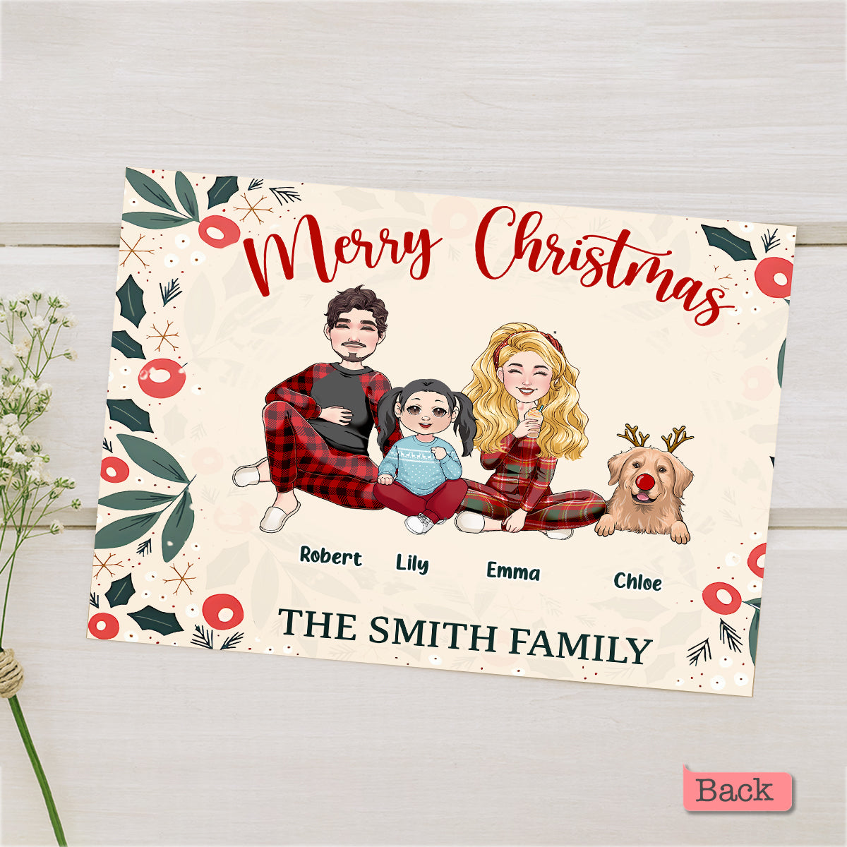 Carte de vœux personnalisée QR Code « Joyeux Noël » avec feuilles et baies