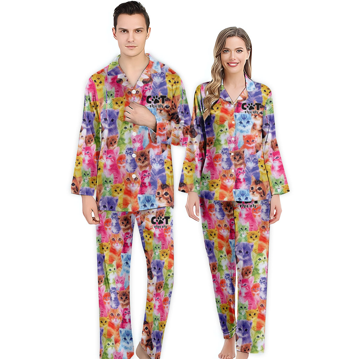 Photo Insert Transferring Into Colorful Style - Personalized Cat Button Down Pajamas
