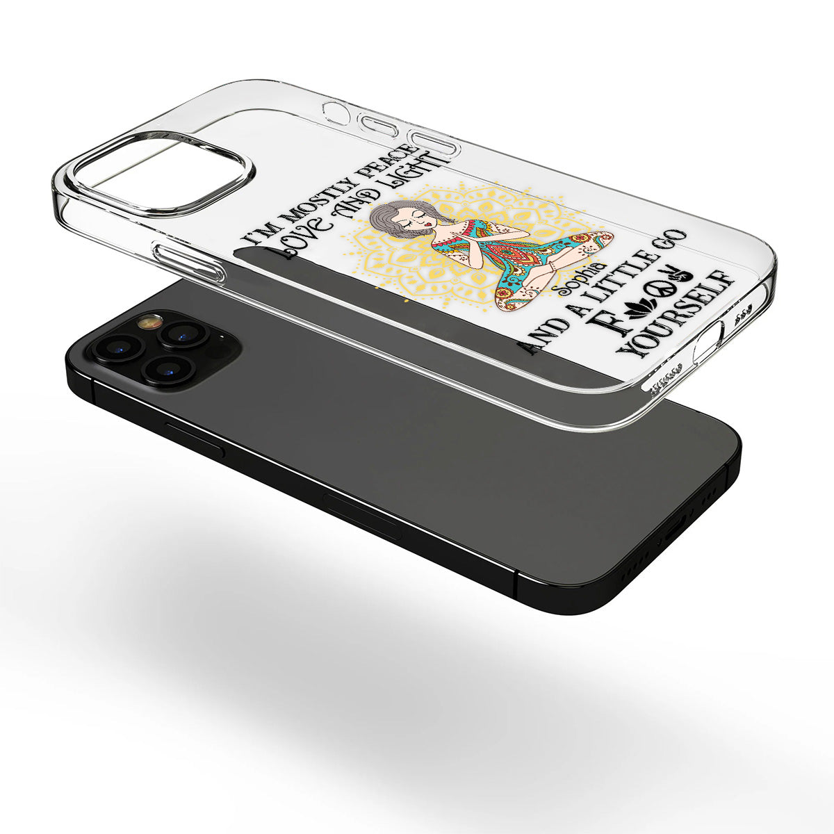 Je suis principalement paix, amour et lumière - Coque de téléphone transparente personnalisée sur le thème du yoga