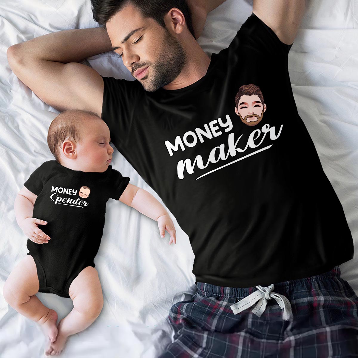 Gagner de l'argent, dépenser de l'argent - T-shirt personnalisé pour papa et body pour bébé