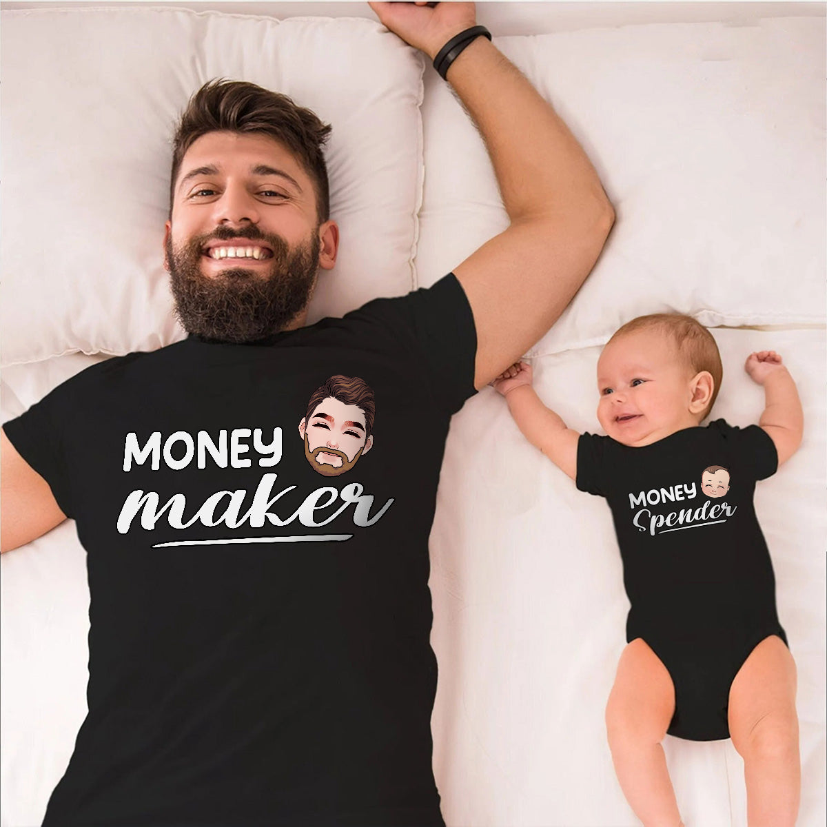 Gagner de l'argent, dépenser de l'argent - T-shirt personnalisé pour papa et body pour bébé