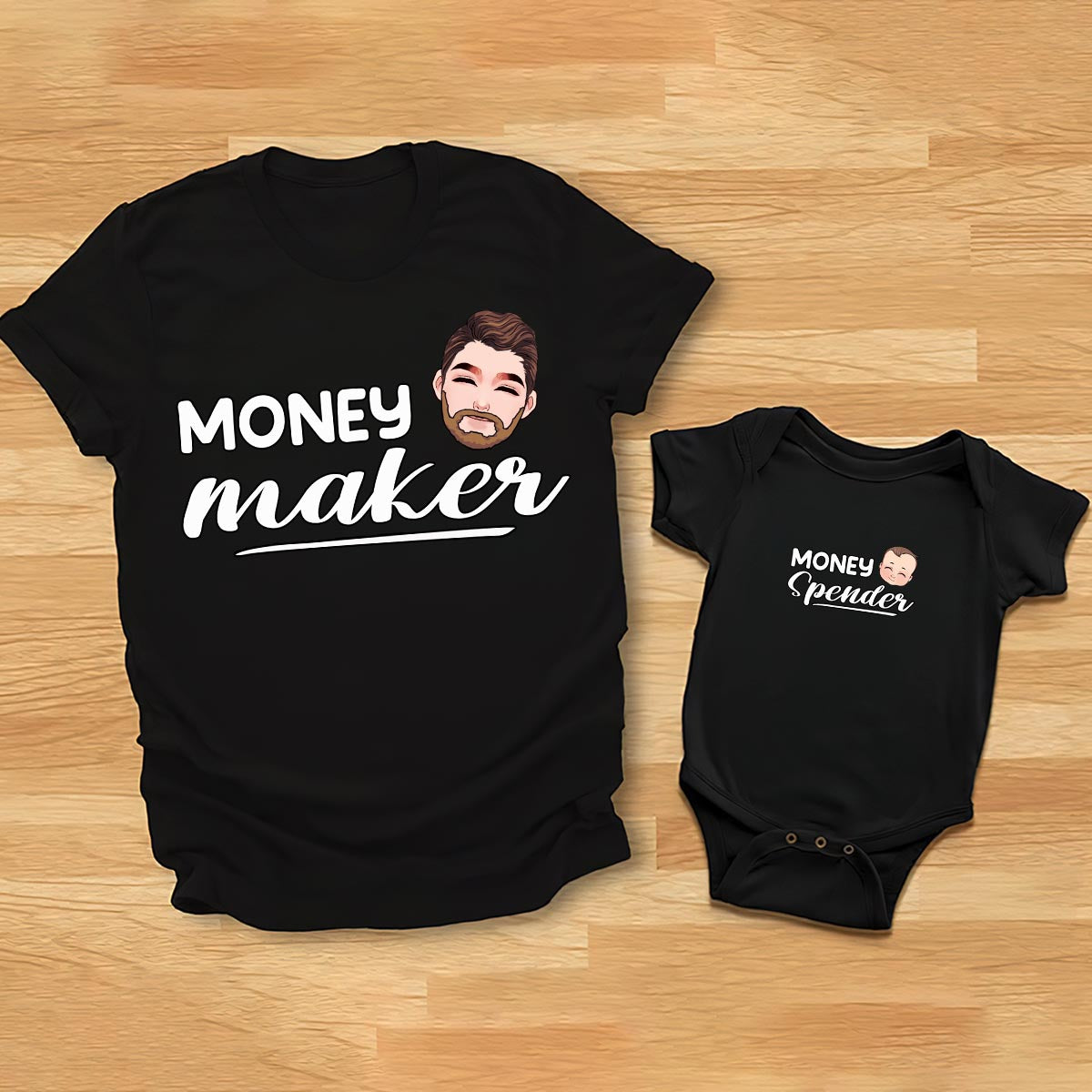 Gagner de l'argent, dépenser de l'argent - T-shirt personnalisé pour papa et body pour bébé